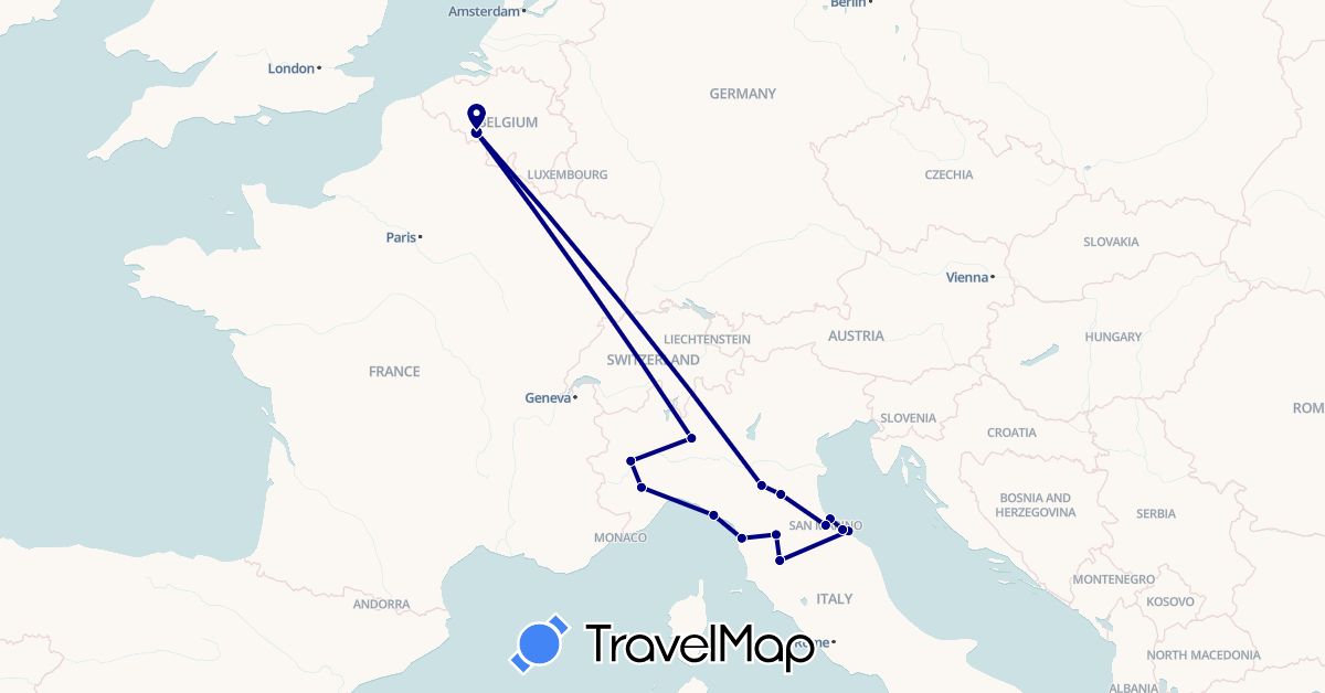 TravelMap itinerary: driving in Belgium, Italy, San Marino (Europe)